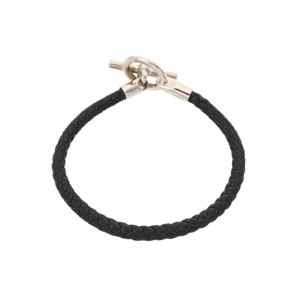 HERMES Glenan Bracelet, Black Leather, Silver Hardware, Men's/Women's, B Rank... - Picture 3 of 11